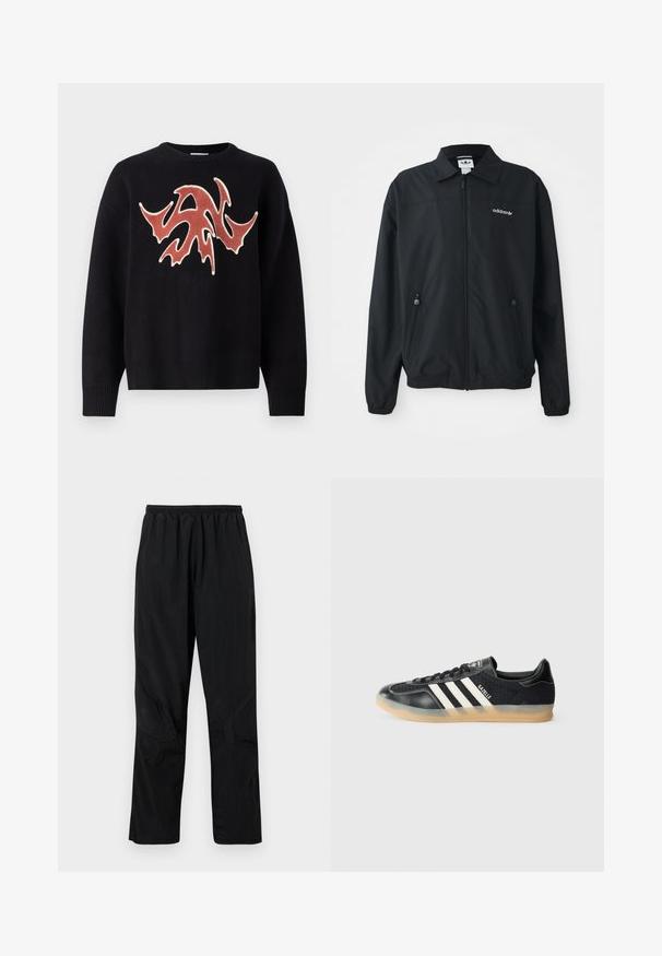 Veste noire zippée fabriquée en tissu léger. Elle présente un col pointu, deux poches latérales avec des zips et un logo brodé sur la poitrine.; Pull noir à col rond avec un design texturé et abstrait rouge et crème sur le devant. Poignets et ourlet côtelés.; Pantalons en nylon noirs avec une taille élastique, présentant une finition légère et texturée ainsi que des accents de couture pour un design moderne.; Sneaker de sport noir avec des rayures blanches, tissu texturé, bout en cuir lisse et semelle en caoutchouc de gomme. Présente un logo sur la languette.