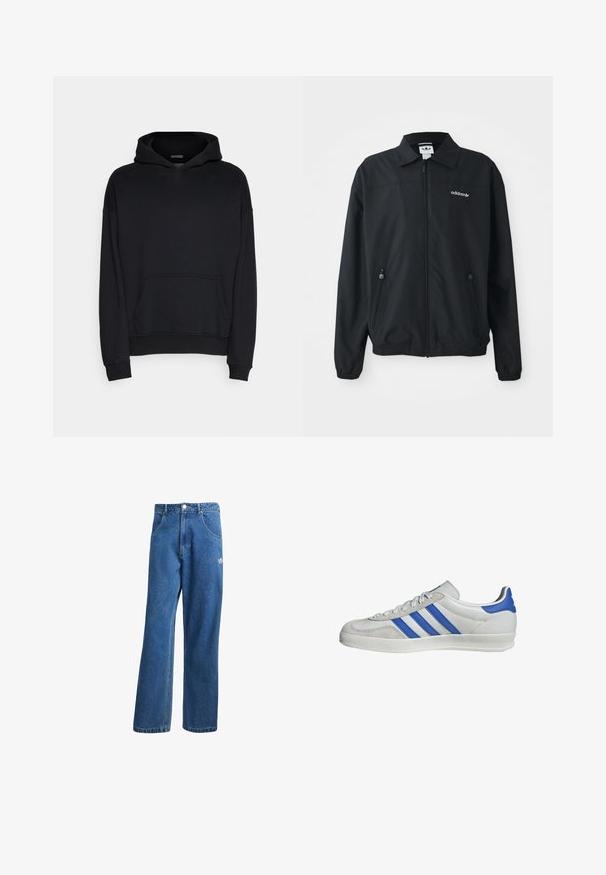 Schwarze Zip-Up-Jacke aus leichtem Stoff. Mit einem spitzen Kragen, zwei seitlichen Taschen mit Reißverschlüssen und einem gestickten Logo auf der Brust.; Schwarze Kapuzenjacke aus einem Baumwollmischgewebe. Verfügt über eine geräumige Fronttasche, gerippte Bündchen und eine Kapuze mit Kordelzug. Weiche Textur.; Blaue hohe, weite Jeans mit Fronttaschen, Gürtelschlaufen, Knopfverschluss und kleinem Adidas-Logo am rechten Oberschenkel.; Weiße Sneaker mit blauen und grauen Akzenten, ausgestattet mit drei markanten Streifen, Schnürung vorne und einer strukturierten Sohle.