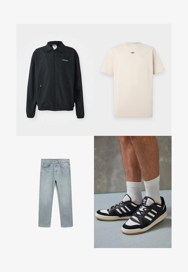 Zwarte zip-up jack gemaakt van lichtgewicht stof. Kenmerken een puntige kraag, twee zijzakken met ritsen en een geborduurd logo op de borst.; Beige katoenen t-shirt met een ronde hals, korte mouwen en een klein donker logo op de borst. Gladde textuur en casual pasvorm.; Lichtblauwe denim jeans met een rechte pasvorm, vijf zakken en een zichtbare knoop- en ritssluiting. Zachte textuur met een lichte vervaging.; Zwart-witte sneakers met een bovenwerk van suede en leer, voorzien van drie witte strepen, een geperforeerde neus en een rubberen gumzool.