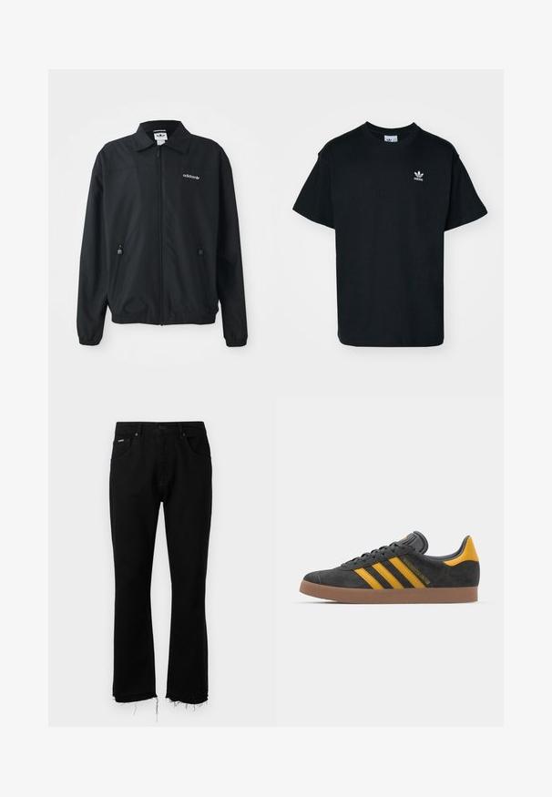 Giacca nera con zip realizzata in tessuto leggero. Presenta un colletto a punta, due tasche laterali con zip e un logo ricamato sul petto.; T-shirt in cotone nero con collo rotondo e maniche corte, caratterizzato da un piccolo logo bianco Adidas sul lato sinistro del petto.; Jeans in denim nero con forma svasata, caratterizzati da un orlo sfrangiato, due tasche frontali e una tasca posteriore. Chiusura con bottone metallico alla vita.; Sneaker in suede nero con dettagli gialli, dotato di tre strisce e una suola in gomma marrone. Include una linguetta imbottita per il comfort.
