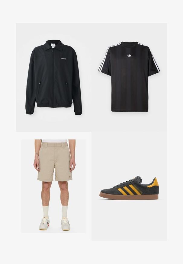Svart zip-up jacka i lätt material. Har en spetsig krage, två sidofickor med dragkedja och en broderad logotyp på bröstet.; Svart t-shirt med kort ärm och vita tre-randiga detaljer på axlarna samt en liten vit logotyp på bröstet. Slät tygtextur.; Beiga shorts med elastisk midja, platt framdesign och logotypmärke på vänster ben. Lättviktsmaterial och längd som går ovanför knäna.; Svart mockaskor med gula accenter, med tre ränder och en brun gummisula. Inkluderar en vadderad tunga för extra komfort.