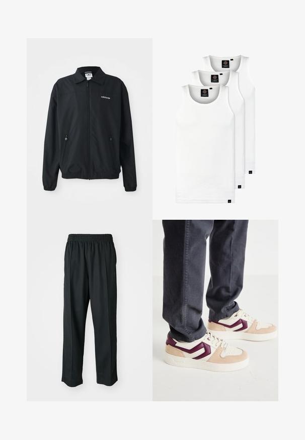 Čierna zipsová bunda vyrobená z ľahkej tkaniny. Má špicatý golier, dve bočné vrecká so zipsami a vyšívané logo na hrudi.; Tri biele rebrované tielka vyrobené z bavlny. Majú okrúhly výstrih a malé čierne štítky pri leme. Dostupné v rôznych veľkostiach.; Čierne športové nohavice s elastickým pásom, vyrobené z hladkého materiálu, s jemným bočným šitím a voľným strihom, rovný strih.; Tenisky s krémovým zvrškom, ružovými semišovými akcentmi a vínovým geometrickým dizajnom. Hrubá biela podrážka a šnúrky s textúrovaným detailom.