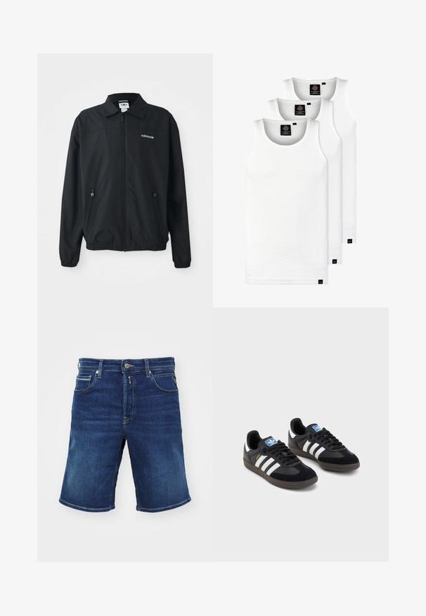 Fekete, zipzáros dzseki könnyű anyagból. Jellemzői közé tartozik a hegyes gallér, két oldalsó zseb cipzárral és egy hímezett logó a mellkason.; Három fehér csíkos pamut trikó. Felső része kerek nyakkivágású, és a szegély közelében kis fekete címkék találhatók. Több méretben elérhető.; Sötétkék farmer rövidnadrág, gombos záródással, öt zsebbel és egyenes szabással. Közepes súlyú anyag, enyhe kopással.; Fekete sportcipők, velúrból és szintetikus anyagból készült felsőrésszel, három fehér csíkkal, textúrázott gumitalppal és kék logó címkével a nyelvén.