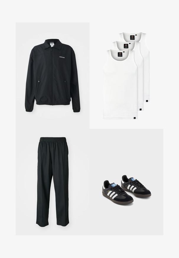 Jacket preta com fecho éclair, feita de um tecido leve. Apresenta um colarinho pontiagudo, dois bolsos laterais com fecho éclair e um logótipo bordado no peito.; Três tops em algodão de alças brancas com nervuras. Apresentam um decote redondo e pequenas etiquetas pretas perto da bainha. Disponíveis em vários tamanhos.; Calças atléticas pretas com um cós elástico, feitas de tecido suave, com costuras laterais discretas e um ajuste descontraído, design de perna reta.; Sneakers pretos com parte superior em camurça e sintético, apresentando três riscas brancas, sola de borracha texturizada e etiqueta azul no linguete.