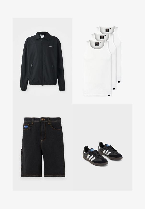 Schwarze Zip-Up-Jacke aus leichtem Stoff. Mit einem spitzen Kragen, zwei seitlichen Taschen mit Reißverschlüssen und einem gestickten Logo auf der Brust.; Drei weiße, gerippte Tanktops aus Baumwolle. Merkmale einen Rundhalsausschnitt und kleine schwarze Etiketten am Saum. In mehreren Größen erhältlich.; Schwarze Denim-Shorts mit Fronttaschen, einer seitlichen Cargo-Tasche und orangen Nähten. Mit einem Metallknopfverschluss und einem Markenpatch.; Schwarze Sneaker mit einem Obermaterial aus Wildleder und Synthetik, ausgestattet mit drei weißen Streifen, einer strukturierten Gummi-Sohle und einem blauen Logo-Tag auf der Zunge.