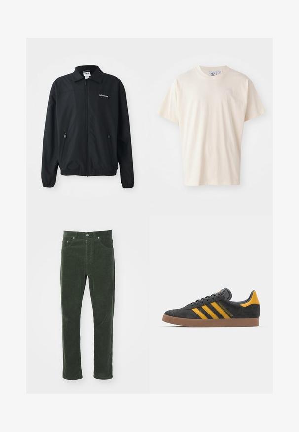 Black zip-up jacket made of lightweight fabric. Features a pointed collar, two side pockets with zippers, and an embroidered logo on the chest.; Cream cotton t-shirt with a round neckline and short sleeves; features a small, light-colored logo on the chest.; Green corduroy pants with a straight-leg design, featuring five pockets, metal button closure, and textured ribbed surface.; Black suede sneaker with yellow accents, featuring three stripes and a brown rubber sole. Includes a padded tongue for comfort.