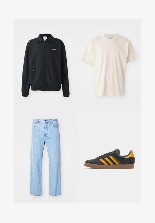 Jacket preta com fecho éclair, feita de um tecido leve. Apresenta um colarinho pontiagudo, dois bolsos laterais com fecho éclair e um logótipo bordado no peito.; T-shirt de algodão creme com decote redondo e mangas curtas; apresenta um pequeno logotipo de cor clara no peito.; Jeans de ganga de um azul claro, com um design de perna reta, cintura alta, estilo de cinco bolsos e um fecho clássico com botão e zíper.; Tenis em camurça preta com detalhes amarelos, apresentando três riscas e uma sola de borracha castanha. Inclui uma língua acolchoada para maior conforto.