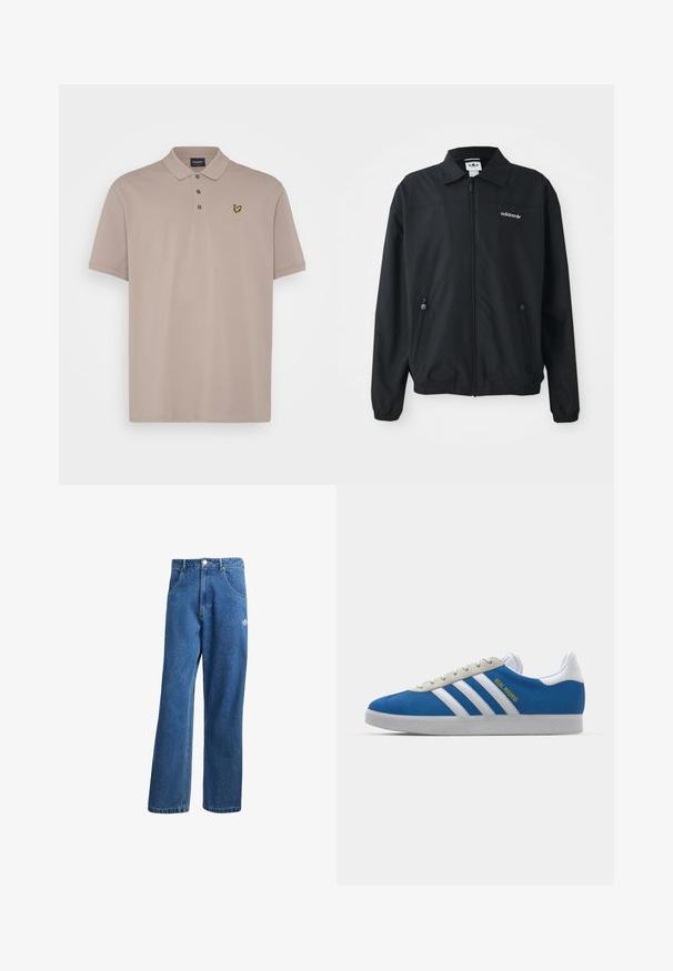 Mustmust valmistatud kergest kangast must jakk. Omab teravat kraed, kahte külge taskut lukuga ja brodeeritud logo rinnal.; Lyle & Scott PLAIN - Polosärk - heritage taupe; Sinine kõrge vöökohaga avar jakkidega teksapükse, millel on ees taskud, vöökoharingid, nupuga sulgemine ja väike Adidas'i logo paremal reiel.; adidas Originals ADIDAS GAZELLE SHOES - Saalijalgpalli saapad - real madrid/bluebird/footwear white/crew yellow