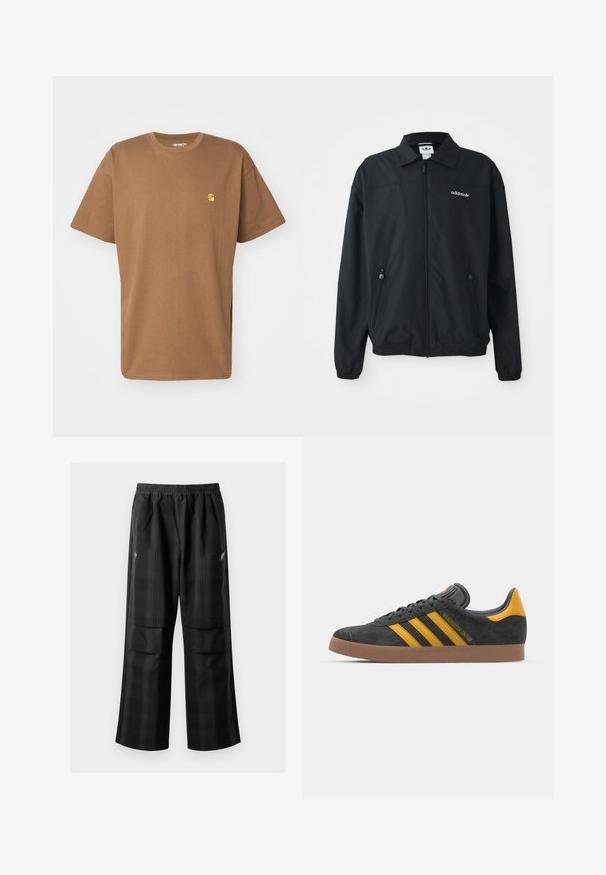 Mustmust valmistatud kergest kangast must jakk. Omab teravat kraed, kahte külge taskut lukuga ja brodeeritud logo rinnal.; Carhartt WIP CHASE - Lihtne T-särk - chocolate/gold; Mustas ruudulised püksid, millel on elastne vöökoht, kaks esimest taskut ja laiem lõige sirge jala disainiga. Valmistatud kergest materjalist.; Mustad sametist spordijalatsid kollaste aktsentidega, millel on kolm triipu ja pruun kummitald. Mugavuse tagamiseks on neil pehmendatud keele osa.