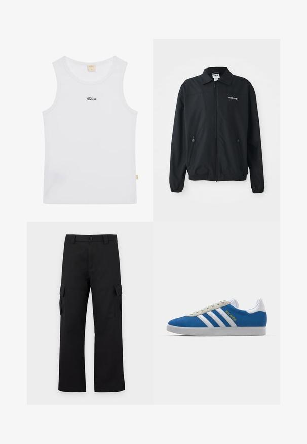Jacket preta com fecho éclair, feita de um tecido leve. Apresenta um colarinho pontiagudo, dois bolsos laterais com fecho éclair e um logótipo bordado no peito.; T-shirt de alças brancas com textura canelada, com decote redondo e o texto "Blevis" bordado a preto no peito. Tecido suave com ligeira elasticidade.; Calças cargo pretas com um design de perna reta. Feitas de um tecido durável, apresentam dois bolsos laterais com fechos de aba e um fecho de botão.; adidas Originals ADIDAS GAZELLE SHOES - Botas de futebol de salão - real madrid/bluebird/footwear white/crew yellow