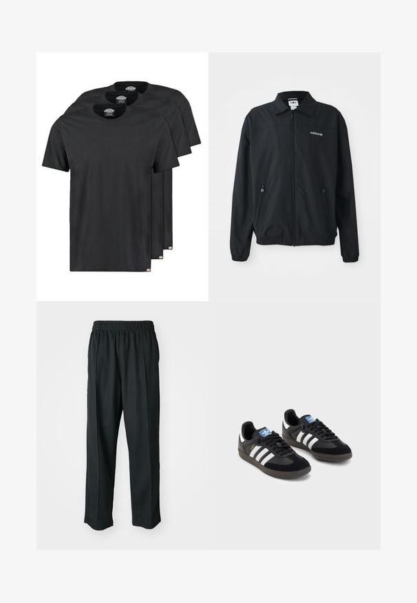 Juodas užtraukiamas džemperis, pagamintas iš lengvos medžiagos. Jame yra smailus kraštas, dvi šoninės kišenės su užtrauktukais ir siuvinėtas ženklas ant krūtinės.; Juodi medvilniniai marškinėliai trijų pakuotėje. Su apvalia apykakle, trumpomis rankovėmis ir lygiu paviršiumi. Emblemos etiketė ant apykaklės.; Juodi sportiniai kelnių modeliai su elastinga juosmena, pagaminti iš šiurkščios medžiagos, su subtiliomis šoninėmis siūlėmis ir laisva, tiesia koja.; Juodi sportiniai bateliai su zomšos ir sintetine viršutine dalimi, turintys tris baltas juosteles, tekstūruotą gumos pado paviršių ir mėlyną logotipo etiketę ant liežuvėlio.