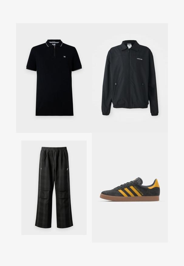 Čierna zipsová bunda vyrobená z ľahkej tkaniny. Má špicatý golier, dve bočné vrecká so zipsami a vyšívané logo na hrudi.; Čierna polokošeľa s krátkym rukávom, s naťahovacím zapínaním, kontrastným golierom a okrajmi rukávov, vyrobená z hladkej látky, s malým logom.; Čierne kockované nohavice s elastickým pásom, dvoma prednými vreckami a voľným strihom so rovnými nohavicami. Vyrobené z ľahkého materiálu.; Čierne semišové tenisky so žltými akcentmi, ktoré majú tri pruhy a hnedú gumovú podrážku. Obsahujú vypolstrovaný jazyk pre pohodlie.