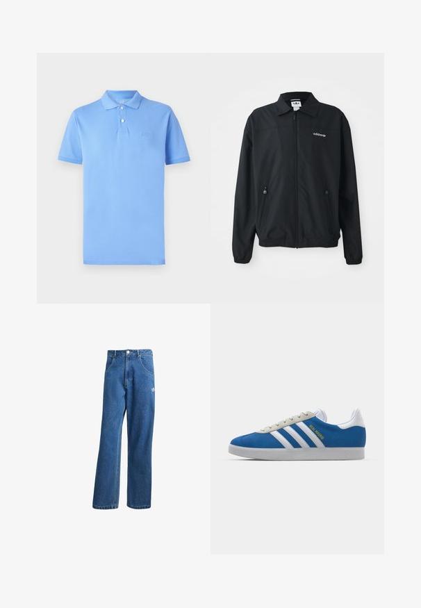 Svart zip-up jacka i lätt material. Har en spetsig krage, två sidofickor med dragkedja och en broderad logotyp på bröstet.; Ljust blå polo skjorta i bomullstyg, kortärmad, treknäppt knappslå, broderad logotyp på bröstet, slät yta.; Blå högmidjade vida jeans i denim med framfickor, bältesloopar, knappstängning och liten Adidas-logga på högra låret.; adidas Originals ADIDAS GAZELLE SHOES - Inomhusfotbollsskor - real madrid/bluebird/footwear white/crew yellow