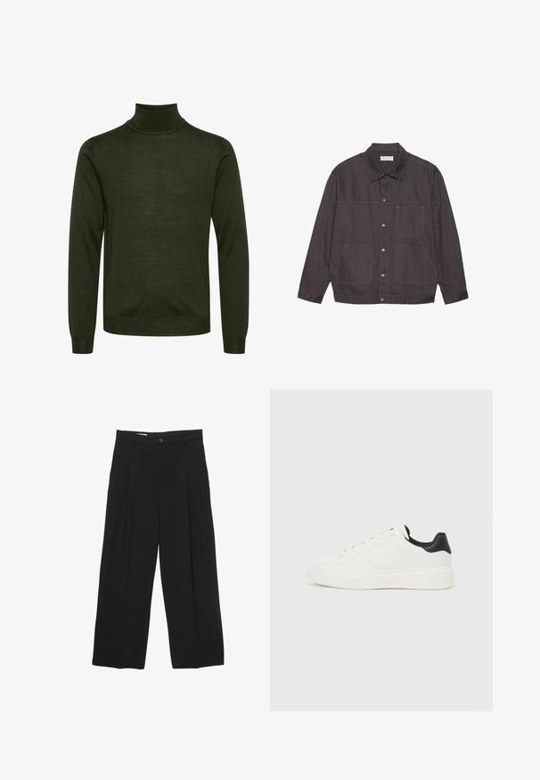 Temno siva jakna s ovratnikom, sprednjim zapinjanjem na gumbe in dvema velikima žepoma. Narejena iz trpežnega materiala, ki ima diskretne šive.; Temno zelena dolga rokava pulover s turtleneck ovratnikom, ribastimi manšetami in pasom, z gladkim pletenim vzorcem.; Črne široke hlače iz gladkega blaga, z ravnim pasom, sprednjimi povešalnimi pregibi in enim gumbom za zapiranje.; Beli usnjeni superge z embosiranim vzorcem, teksturiranimi belimi srednjimi podplati in črnim poudarkom na peti. Imajo zaobljen nos in ravne vezalke.