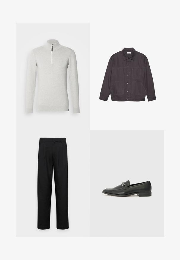 Giacca grigio scuro con colletto, chiusura frontale a bottoni e due ampie tasche. Realizzata in tessuto resistente, presenta dettagli di cucitura discreti.; Maglione zip-up grigio chiaro realizzato in tessuto morbido, con colletto alto e maniche lunghe con polsini e bordo a coste.; Pantaloni neri realizzati in tessuto liscio, caratterizzati da un taglio dritto, due pieghe frontali e una vita standard con passanti per la cintura.; Mocassino in pelle nera con finitura liscia, caratterizzato da un design cucito e da un accento decorativo in catena metallica sul vamp. Tacco piatto.