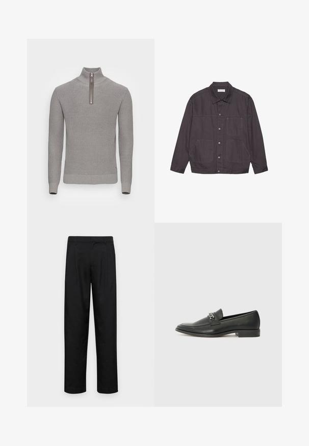 Veste gris foncé avec un col, fermeture à boutons à l'avant et deux grandes poches. Fabriquée en tissu résistant, avec des accents de couture subtils.; Pull en tricot gris avec un col montant et une fermeture éclair mi-hauteur. Il présente un motif texturé ainsi que des bords côtelés aux poignets et à l'ourlet pour un look ajusté.; Pantalons noirs en tissu lisse, avec une coupe droite, deux plis avant et une taille standard avec passants de ceinture.; Mocassin en cuir noir avec une finition lisse, présentant un design cousu et une accent décoratif en chaîne métallique sur le rand. Talon plat.