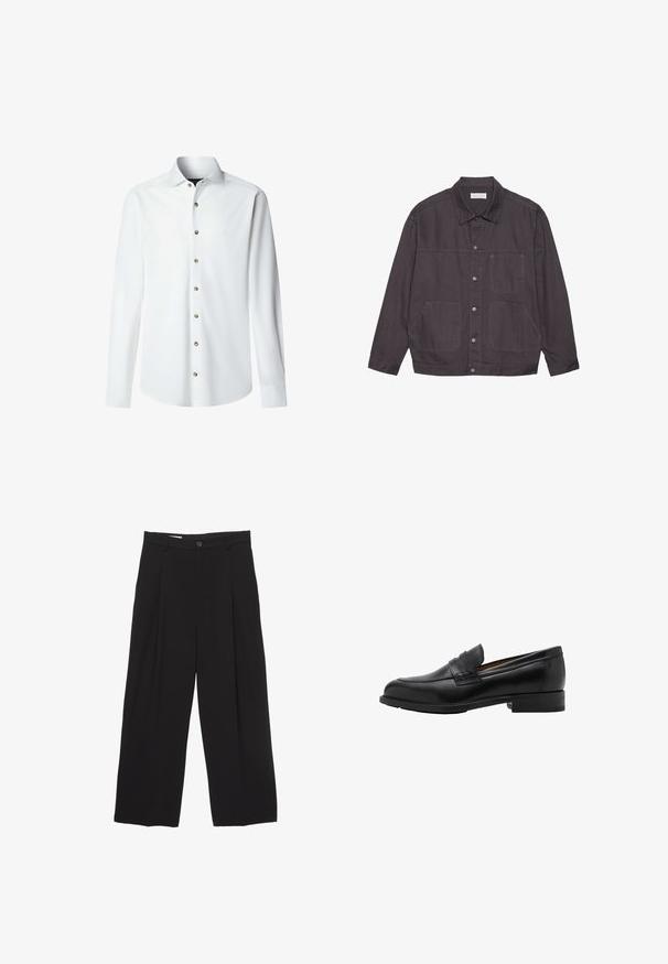 Giacca grigio scuro con colletto, chiusura frontale a bottoni e due ampie tasche. Realizzata in tessuto resistente, presenta dettagli di cucitura discreti.; Camicia bianca a maniche lunghe realizzata in tessuto morbido con chiusura a bottoni. Presenta un colletto classico e bottoni color ottone lungo la parte anteriore.; Pantaloni neri a gamba larga realizzati in tessuto morbido, con vita piatta, pinces frontali e chiusura con un bottone.; Mocassini in pelle nera con punta cucita e tacco piatto. Texture liscia con punta arrotondata e una fascia decorativa sopra il collo del piede.