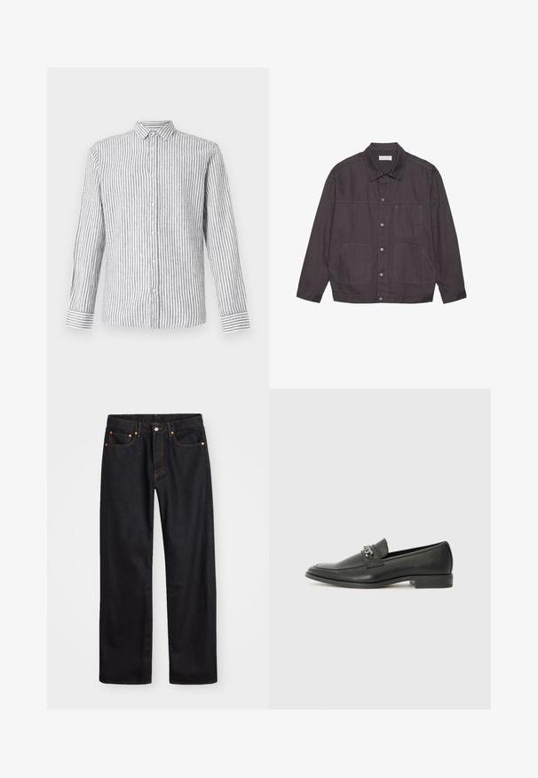 Tamsiai pilkas švarkas su apykakle, priekyje su mygtukų uždarymu ir dviem didelėmis kišenėmis. Pagamintas iš patvarios medžiagos, su subtiliais siuvinėjimo akcentais.; Šviesiai pilka ilgomis rankovėmis marškinėlių su baltais vertikaliais dryžiais. Yra klasikinis apykaklė ir rankogaliai su dryžuotu raštu.; Vyrų tiesaus kirpimo juodi džinsai iš denim medžiagos, su penkiomis kišenėmis ir oranžinėmis siūlėmis, su mygtuko ir užtrauktuko uždarymu ant priekio.; Juodos odinės loafer tipo bateliai su lygiu paviršiumi, turintys siuvinėtą dizainą ir dekoratyvų metalo grandinėlės akcentą ant batų viršaus. Plokščias kulnas.