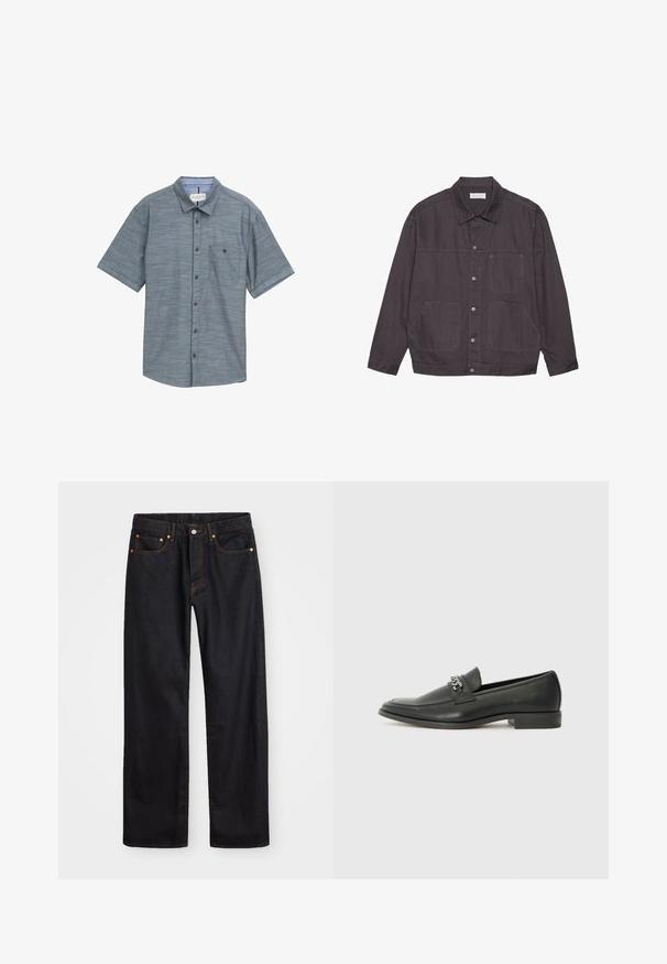 Donkergrijze jas met een kraag, knoopsluiting aan de voorkant en twee grote zakken. Gemaakt van duurzame stof, met subtiele stiksels als accent.; Korte mouwen overhemd met knopen in lichtblauwe textuurstof, met een borstzak en bruine knopen. Kraag en manchetten zijn in een contrasterend blauw.; Heren straight-leg zwarte denim jeans met vijf zakken en oranje stiksels, knoop- en ritssluiting op de voorkant van de tailleband.; Zwarte leren instapper met een gladde afwerking, voorzien van een gestikt ontwerp en een decoratieve metalen kettingaccent over de wreef. Platte hak.