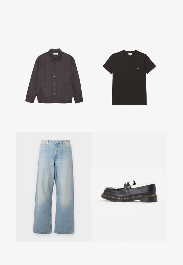 Mørkegrå jakke med krave, frontlukning med knapper og to store lommer. Lavet af slidstærkt stof med subtile syninger.; Sort bomulds t-shirt med korte ærmer og rund hals. Har et lille grønt Lacoste krokodille-logo på brystet. Glat tekstur.; Lys blå brede bukser lavet af denim, med høj talje, forlommer og en falmet vask med subtile slidte områder ved lårene.; Sorte læder slip-on sko med en hvid læderdetalje. Har dekorativ syning og en gummisål med gul kant. Rund tå design.