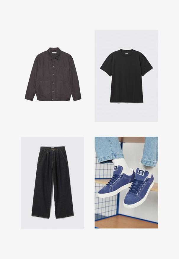 Mørkegrå jakke med krave, frontlukning med knapper og to store lommer. Lavet af slidstærkt stof med subtile syninger.; Sort kortærmet t-shirt lavet af bomuld. Har en rund halsudskæring og en afslappet pasform. Enkel design uden synlige mønstre eller accenter.; Mørkeblå brede jeans med frontfolder, skrå lommer, bæltestropper og en knaplukning i taljen mærket "WEEKDAY."; Mørkeblå Adidas sneakers lavet af ruskind, med hvide gummisåler, runde tæer og et logo-patch på tungen. Lys hvide sokker er synlige.