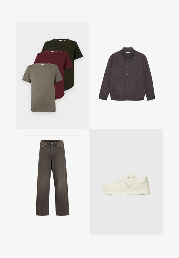 Dunkelgraue Jacke mit Kragen, vorderem Knopfverschluss und zwei großen Taschen. Hergestellt aus strapazierfähigem Stoff, mit dezenten Nahtakzenten.; Drei kurzärmlige T-Shirts in Olivgrün, Burgunderrot und Grau, aus weichem Baumwollmaterial, mit Rundhalsausschnitt und einer lockeren Passform.; Weite Jeans aus dunkelgrauem Denim mit hoher Taille, klassischem Fünf-Taschen-Design und kontrastierendem Stepp entlang der Nähte.; Cremefarbene Sneaker mit perforierten Details, Schnürsenkeln und Logo an der Seite, vor einem schlichten weißen Hintergrund präsentiert.