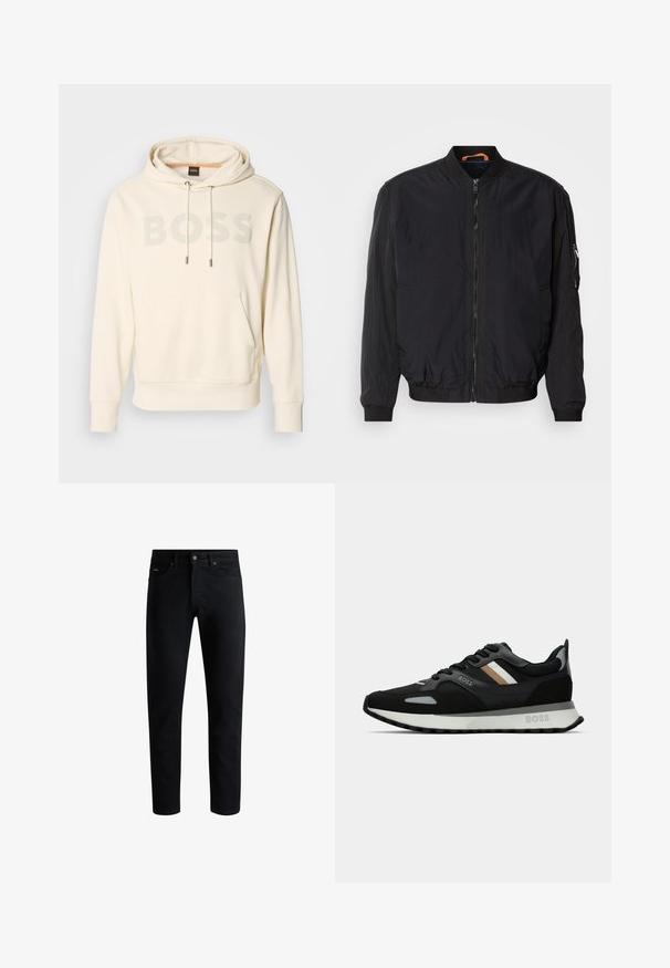 Chaqueta bomber negra con cremallera frontal, puños y cuello acanalados. Presenta una tela suave y ligera, así como un bolsillo lateral con cremallera.; Sudadera crema con bolsillo canguro, capucha con cordón y gran logo gris "BOSS". Presenta puños y dobladillo acanalados para un ajuste ceñido.; Vaqueros ajustados negros con cinco bolsillos, cierre de botón y trabillas para cinturón, exhibidos sobre un fondo blanco.; Zapatilla de running negra con superficie texturizada, acentos en gris claro y tres rayas horizontales en marrón. Presenta una suela blanca acolchada.