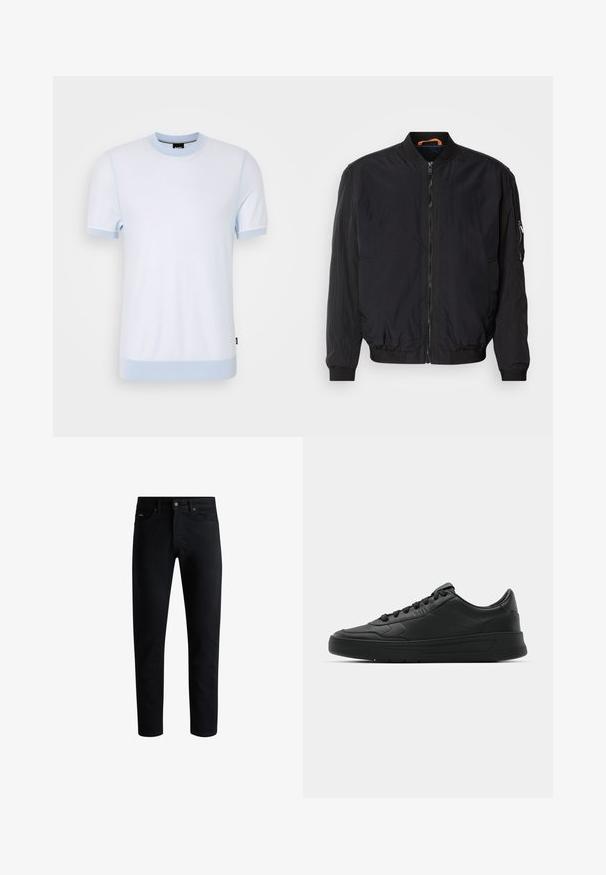 Giacca bomber nera con zip frontale, polsini e colletto a coste. Caratterizzata da un tessuto liscio e leggero e da una tasca laterale con zip.; Pullover a maniche corte di colore azzurro chiaro in maglia, con colletto rotondo, collo e polsini a coste in contrasto, e texture liscia.; Jeans in denim nero con vestibilità dritta, design a cinque tasche, chiusura con bottone in metallo e cuciture sottili lungo le cuciture.; Sneaker nera con tomaia in pelle liscia, punta rotonda, lacci piatti, collare imbottito e design minimalista. Suola in gomma con un delicato motivo a rilievo.