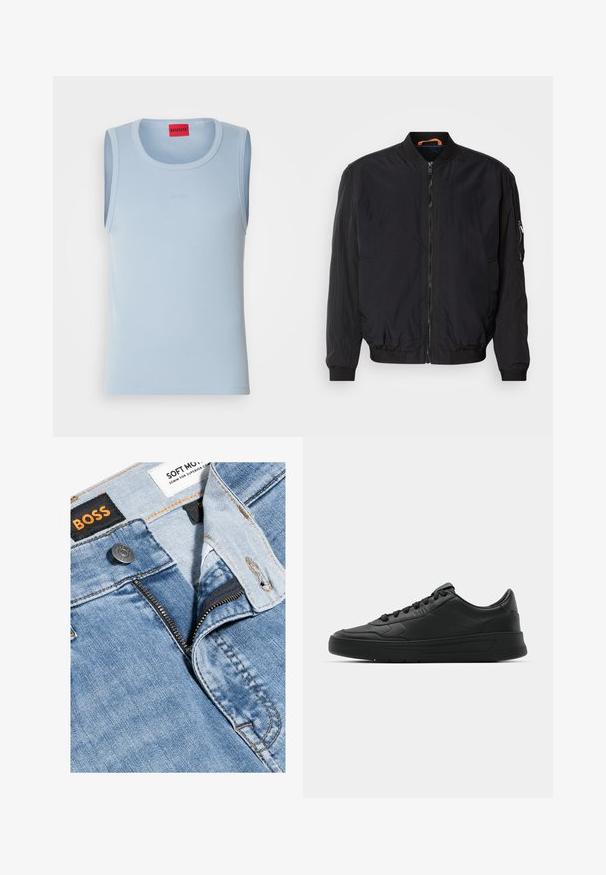 Black bomber jacket with a zip front, ribbed cuffs, and collar. Features a smooth, lightweight fabric and a side pocket with zipper.; Light blue sleeveless tank top with a ribbed texture, featuring a round neckline and a small embossed logo, with a red brand label at the neck.; Light blue denim jeans with a zipper fly, orange stitching, and a black label featuring "BOSS" and "SOFT MOTION" tags.; Black sneaker with smooth leather upper, round toe, flat laces, cushioned collar, and minimalistic design. Rubber sole with subtle tread pattern.