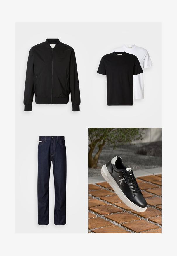 Giacca bomber nera realizzata in tessuto liscio, con zip frontale, due tasche laterali, polsini a costine e colletto tondo. Senza fantasie.; Due t-shirt di cotone semplici, una nera posizionata davanti a una bianca, entrambe con maniche corte e scollature rotonde.; Jeans in denim blu scuro con un design a gamba dritta, dotati di chiusura con bottoni, cinque tasche e dettagli di cucitura a contrasto.; Sneaker in pelle nera con suola in gomma bianca, caratterizzato da un design con lacci e dettaglio del logo sul lato. Lo sfondo presenta texture in pietra e legno.