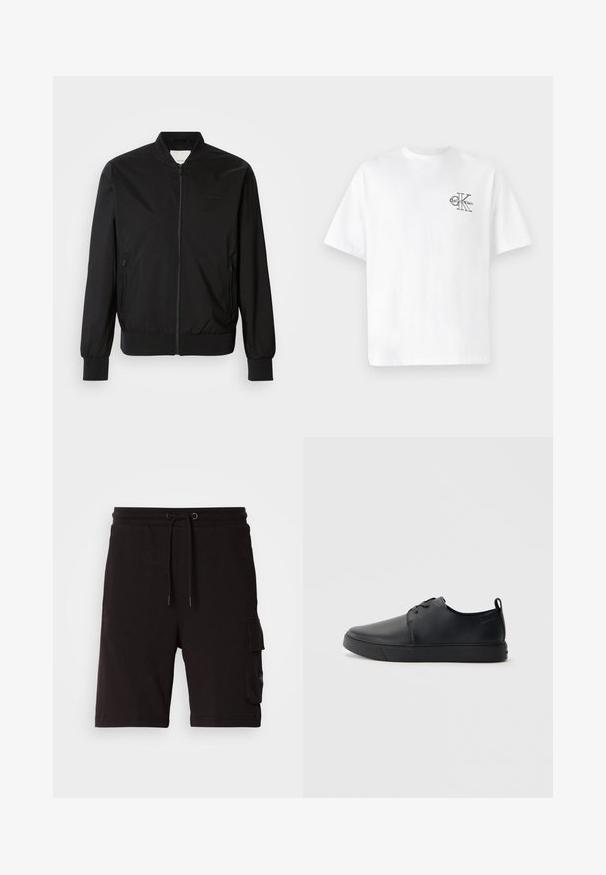 Melna bumbiera jaka, kas izgatavota no gludas auduma, ar priekšējo ieeju ar rāvējslēdzēju, divām sānu kabatām, ribinātiem piedurknēm un apaļu kakla izgriezumu. Bez ornamentiem.; Balta kokvilnas T-krekls ar īsām piedurknēm, apaļo kaklu, ar melnu CK logotipu kreisajā krūšu zonā, standarta piegriezums, gluda tekstūra.; Melni kokvilnas kravas šorti ar regulējamu aukliņu jostu, sānu kabatām un brīvāka piegriezuma dizainu.; Melnas ādas kedas ar gludu apdari, noapaļota purngala, tonāla šuvēm, auklu fronti un plakanu gumijas zoli. Cilpa pie papēža.
