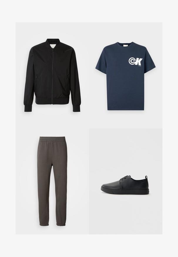 Črna bomber jakna iz gladkega materiala, z zadrgo spredaj, dvema stranskima žepoma, rebrastimi manšetami in okroglim ovratnikom. Brez vzorcev.; Modra mornarsko modra majica s kratkimi rokavi in okroglim izrezom z belim logotipom CK in napisom "Calvin Klein" na levi strani prsnega koša.; Temno sivi trenirki z elastičnim pasom, zoženimi hlačnicami in rebrastimi zaključki. Vsebujejo majhen logotip na stegnu. Izdelano iz mehkega materiala.; Črne usnjene športne čevlje z gladko površino, okroglo oblikovano nosilo, toniranim šivanjem, vezanjem spredaj in ravnim gumijastim podplatom. Zanko na peti.