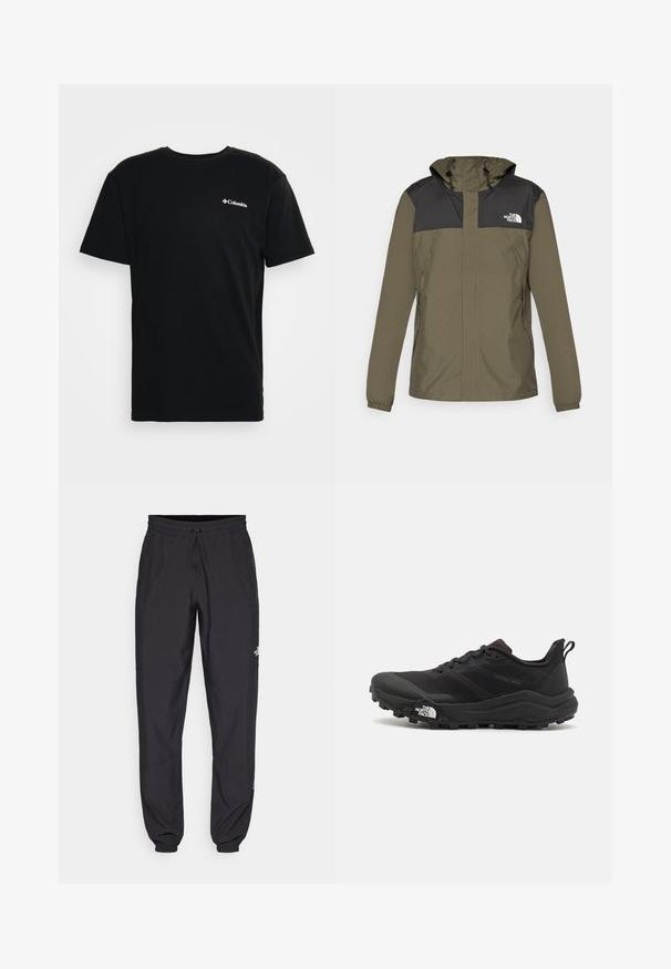 Olivengrønn jakke med svart øvre del og hette. Har elastiske mansjetter, glidelåslommer, og et logo på venstre side av brystet.; Svart bomull t-skjorte med korte ermer og rund hals. Har en liten hvit Columbia-logo på venstre bryst. Myk tekstur.; Sorte idrettsbukser laget av lett stoff, med snor i livet, sidelommer og smale mansjetter ved anklene.; Svart terrengløpesko med teksturert overdel, gummisåle og forsterket tåhette. Har polstret krage og løftestropp for enkel påkledning.