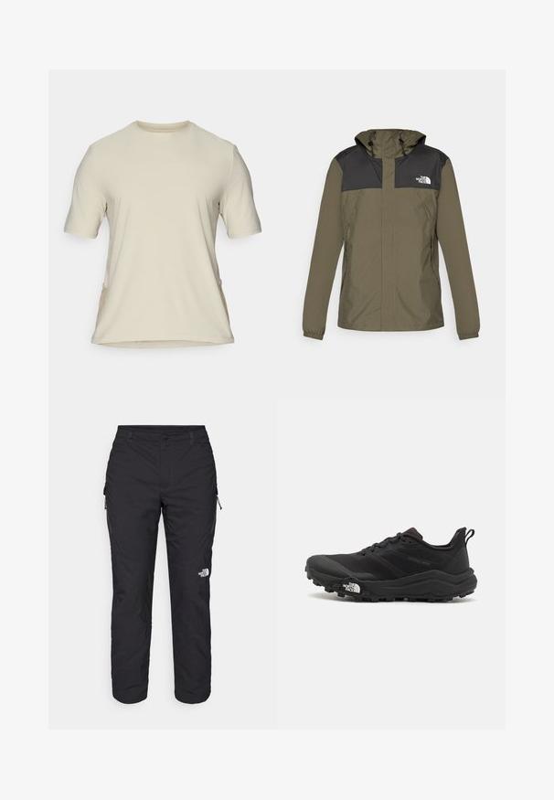 Casaco verde-azeitona com uma parte superior e capuz pretos. Apresenta punhos elásticos, bolsos com fecho éclair e um logótipo no lado esquerdo do peito.; T-shirt bege de mangas curtas com decote redondo. Tecido suave com costuras laterais e uma bainha ligeiramente curva. Sem logótipos ou padrões visíveis.; The North Face WINTER EXPLORATION TAPERED CARGO - Calças para exterior - black; Sapatilha de trail running preta com um upper texturizado, sola de borracha e biqueira reforçada. Possui um colarinho acolchoado e uma alça para facilitar o calçar.