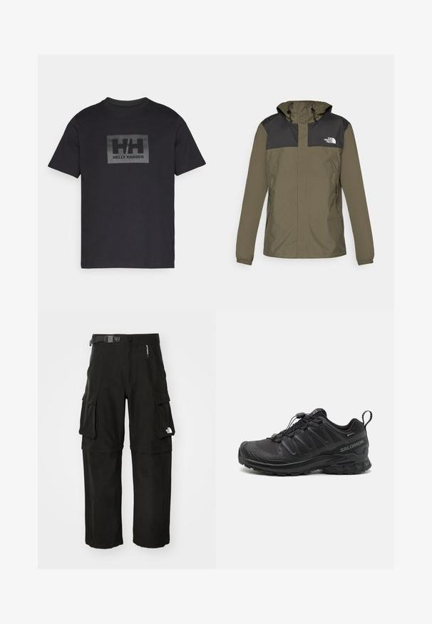 Olivgrüne Jacke mit oberem Abschnitt und Kapuze in Schwarz. Verfügt über elastische Bündchen, Reißverschlusstaschen und ein Logo auf der linken Brustseite.; Schwarzes Baumwoll-T-Shirt mit kurzen Ärmeln, das in der Mitte ein rechteckiges grau Logo zeigt, auf dem "HH" steht und darunter "HELLY HANSEN".; Schwarze Cargo-Hosen aus robustem Material, mit mehreren Taschen, einem Gürtel und einem Logo am unteren Bein. Gerader Schnitt mit einer glatten Textur.; Schwarzer Sportschuh mit einer strukturierten, synthetischen Oberseite, gepolsterten Sohle und einem schnellen Schnürsystem. Verfügt über eine verstärkte Zehen- und Fersenkappe.