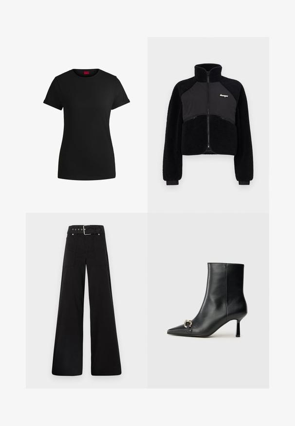 Must have puhul must jope, millel on fleece-st ja siledast kangast paneelid, kõrge kaelus ja soonikkoes mansetid. Rinnas on logo ning ees on lukuga taskud.; Must must t-särk lühikeste keeratud varrukatega, ümmarguse kaeluse ja punase etiketiga. Sile tekstuur, sobiv kuju minimaalsete detailidega.; Mustad laiad mustad püksid, mis on valmistatud puuvillast, kõrge vöökoha, suurte küljetaskute ja kumerate rihmadega, kus on hõbedased detailid.; Must mustanvärvi nahast pahklinetopp, millel on terav nina, peen keskmise kõrgusega konts ja hõbedane keha detail külgedel, taustal lihtne taust.