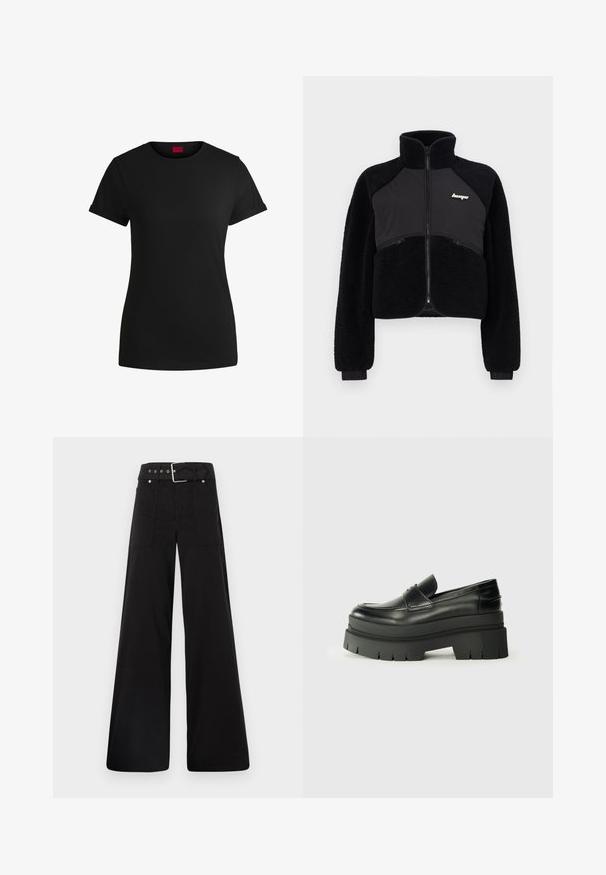 Czarna kurtka typu zip-up z panelami z polaru i gładkiego materiału, wysoki kołnierz oraz ściągacze przy mankietach. Posiada logo na piersi oraz przednie kieszenie na zamek.; Czarna bawełniana koszulka z krótkimi, podwiniętymi rękawami, okrągłym dekoltem i czerwoną metką. Gładka tekstura, dopasowany fason z minimalnymi detalami.; Czarne spodnie o szerokich nogawkach wykonane z bawełny, z wysokim stanem, dużymi bocznymi kieszeniami i paskiem w talii z akcentami w kolorze srebrnym.; Czarne skórzane loafersy z grubą platformą. Okrągły nos, detal szwu z przodu i subtelne akcenty przeszycia. Płaska, teksturowana podeszwa.