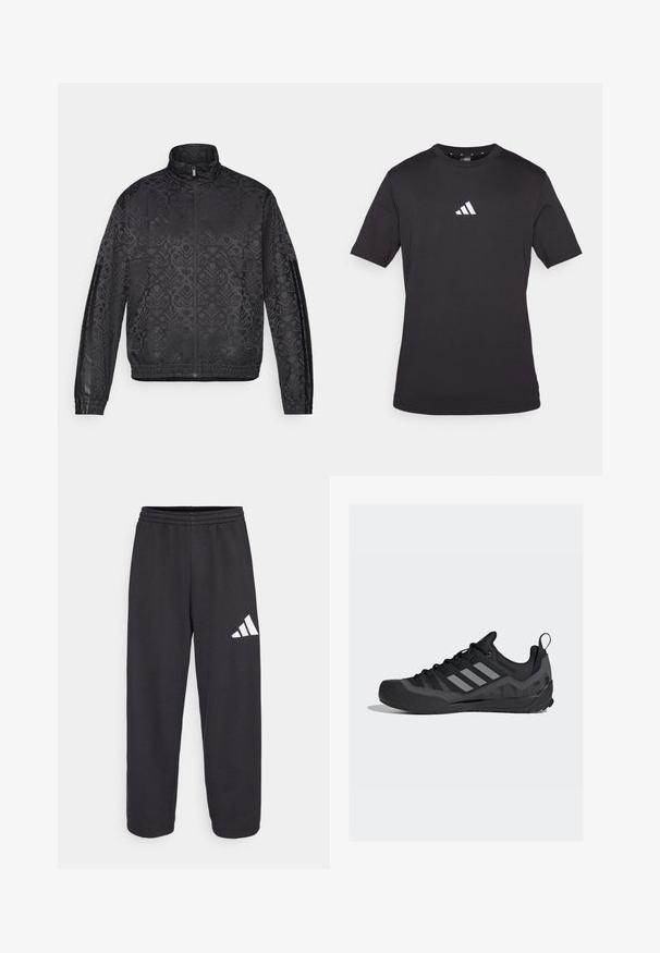 Jachetă sport neagră cu un model floral embosat, închidere cu fermoar complet, guler înalt, manșete elastice și dungi laterale contrastante.; Tricou scurt negru din bumbac, cu un logo alb Adidas pe piept, decolteu rotund și croială standard.; Pantaloni de trening negri, cu o croială relaxată, prezentând un elastic la talie și un logo geometric alb pe piciorul stâng. Textură de țesătură netedă.; Pantofi sport negri cu un exterior din plasă, vârf din cauciuc, dungi gri Adidas și talpă texturată pentru o aderență sporită.