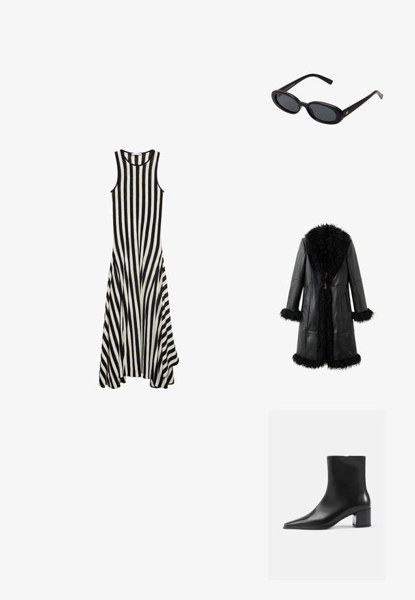 Musta nahkatakki, jossa on pörröinen musta turkiskaulus ja hihansuut, suora muotoilu ja puutapit. Mukana kaksi sivutaskua.; Mustavalkoraidallinen ilmanhiha dressi, jossa on pyöreä kaula-aukko, liehuva helma ja kevyet kankaat, joissa on pystysuorat raidat.; Valkoinen pitkähihaisen paita, joka on valmistettu pehmeästä kankaasta. Sen muotoilu on tiukka ja siinä on rypytystä vyötäröllä sekä pyöreä pääntie.; Musta nahkainen nilkkabotti, jossa on terävä kärki, sileä pinta ja keskikokoinen tukijalka. Minimalistinen muotoilu, vetoketjusuljin takana.; Mustat ylisuuruiset aurinkolasit, jotka ovat soikeat linssit, sileä muovikehys ja kultaiset korostukset temppeleissä. Tummat linssit tarjoavat suojaa auringolta.; Musta nahkainen käsilaukku, jossa on kaareva muotoilu, kaksi pitkää kahvaa ja hopeiset kuihukset. Suora pinta ilman näkyviä kuvioita tai korostuksia.