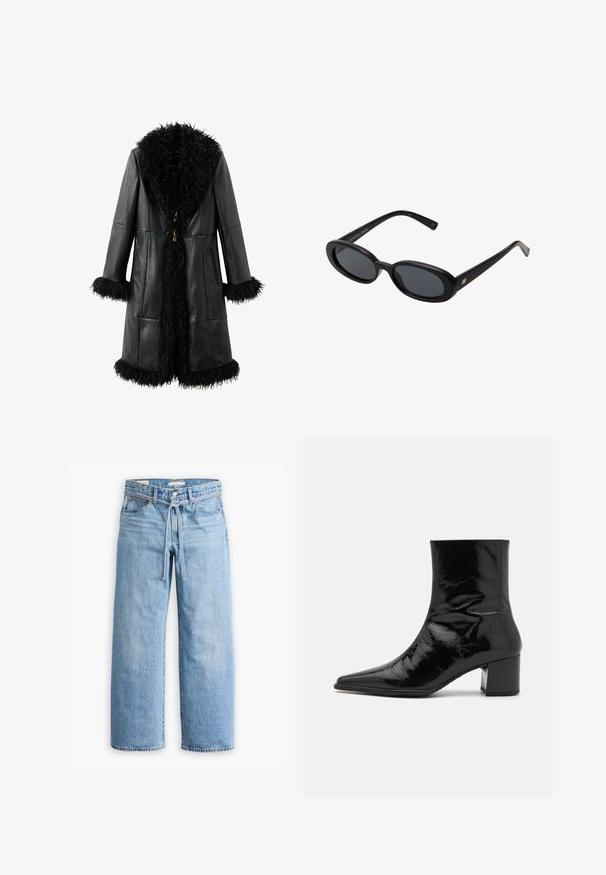 Czarny skórzany płaszcz z puszystym czarnym futrzanym kołnierzem i mankietami, prosty krój oraz zamki na drewnianych zapięciach. Zawiera dwie boczne kieszenie.; Biała koszula z długim rękawem, uszyta z miękkiego materiału. Ma dopasowany krój z marszczeniami w talii oraz okrągłym dekoltem.; Jasnoniebieskie dżinsy w szerokim kroju z wysokim stanem, z zapięciem na guziki i zamek oraz sznurkiem w talii. Zakończenie w surowym wykończeniu.; Czarne lakierowane botki do kostki z wysmuklonym noskiem, usztywnioną cholewką i grubym obcasem. Charakteryzują się gładką, błyszczącą teksturą.; Czarne, oversize okulary przeciwsłoneczne z owalnymi soczewkami, gładkim plastikowym mostkiem i złotymi akcentami na zausznikach. Ciemne soczewki zapewniają ochronę przed słońcem.; Czarna skórzana torba na ramię o zaokrąglonym kształcie, z dwiema długimi rączkami i srebrnym wykończeniem. Gładka tekstura bez widocznych wzorów czy akcentów.