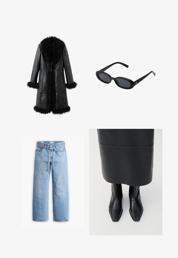 Črna usnjena jakna z mehkimi črnimi krznom obrobljenimi ovratnikom in manšetami, ravne zasnove in lesenimi zapirali. Vključena sta dva stranska žepa.; Bela dolga srajca z dolgimi rokavi iz mehkega blaga. Ima prilegajočo se zasnovo z naborki na pasu in okroglim izrezom.; Svetlo modri traper široki hlače z visokim pasom, z gumbom in zadrgo ter detajlom s povezanico v pasu. Neobdelan rob.; Črne usnjene čevlje z visokim gležnjem in kvadratnim prstom, opremljene z zadrgo na strani. Imajo gladko teksturo in minimalno strojno opremo; v kombinaciji z črno usnjeno krilom.; Črne oversize sončne očala z ovalnimi lečami, gladkim plastičnim okvirjem in zlatenimi detajli na templjih. Temne leče zagotavljajo zaščito pred soncem.; Črna usnjena torba s ukrivljenim dizajnom, dvema dolgima ročajema in srebrno strojno opremo. Gladka textura brez vidnih vzorcev ali akcentov.