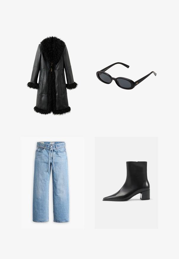 Črna usnjena jakna z mehkimi črnimi krznom obrobljenimi ovratnikom in manšetami, ravne zasnove in lesenimi zapirali. Vključena sta dva stranska žepa.; Bela dolga srajca z dolgimi rokavi iz mehkega blaga. Ima prilegajočo se zasnovo z naborki na pasu in okroglim izrezom.; Svetlo modri traper široki hlače z visokim pasom, z gumbom in zadrgo ter detajlom s povezanico v pasu. Neobdelan rob.; Črne usnjene gležnjarje s poudavljenim nosom, gladko teksturo in srednjim blokastim petom. Minimalistična zasnova, zadrga na hrbtni strani.; Črne oversize sončne očala z ovalnimi lečami, gladkim plastičnim okvirjem in zlatenimi detajli na templjih. Temne leče zagotavljajo zaščito pred soncem.; Črna usnjena torba s ukrivljenim dizajnom, dvema dolgima ročajema in srebrno strojno opremo. Gladka textura brez vidnih vzorcev ali akcentov.