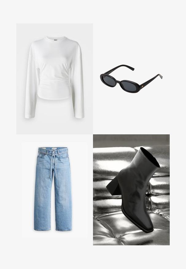 Schwarzer Ledermantel mit einem flauschigen schwarzen Futterkragen und -manschetten, geradem Schnitt und Holzverschluss. Zwei seitliche Taschen sind enthalten.; Weißes Langarmshirt aus weichem Stoff. Verfügt über ein tailliertes Design mit gerafften Details an der Taille und einem Rundhalsausschnitt.; Hellblaue Jeans im weiten Schnitt mit hoher Taille, Knopf- und Reißverschluss sowie einer Kordelzugdetails an der Taille. Roh geschnittener Saum.; Schwarzer Knöchelstiefel aus glänzendem Material mit quadratischer Zehenform und verjüngtem Absatz, vor einem glänzenden silbernen gepolsterten Hintergrund.; Schwarze, oversized Sonnenbrillen mit ovalen Gläsern, glattem Kunststoffrahmen und goldenen Akzenten an den Bügeln. Die dunklen Gläser bieten Sonnenschutz.; Schwarze Lederhandtasche mit geschwungenem Design, zwei langen Griffen und silbernen Beschlägen. Glatte Textur ohne sichtbare Muster oder Akzente.