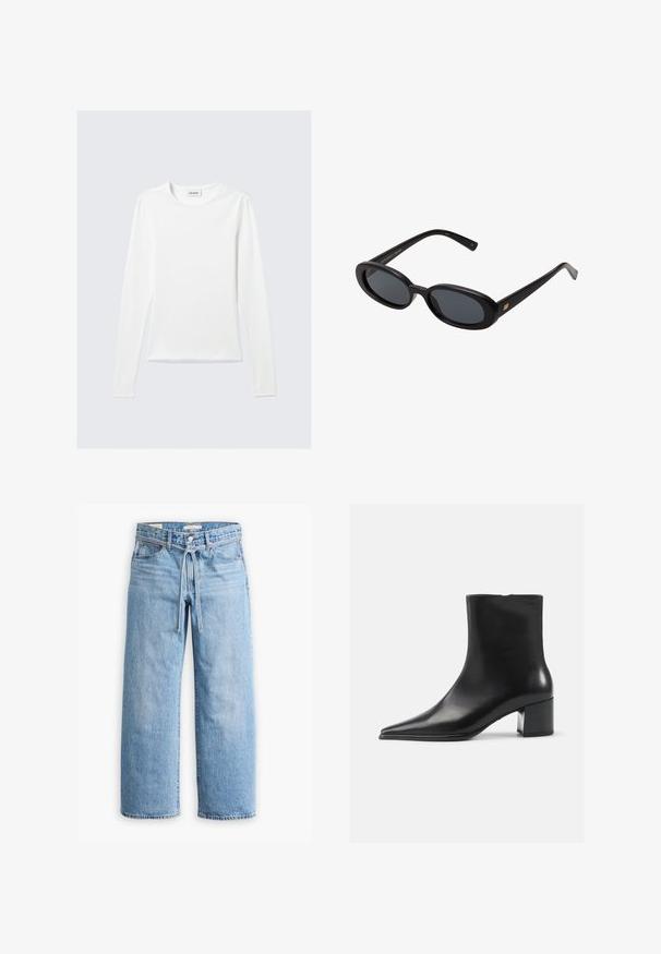 Black leather coat featuring a fluffy black fur collar and cuffs, a straight design, and wooden toggle closures. Two side pockets included.; Long-sleeve white crew neck T-shirt with a "WEEKDAY" label on the inside collar, laid flat on a light gray background.; Light blue denim wide-leg jeans with a high waist, button and zip closure, and a drawstring detail at the waist. Raw hem finish.; Black leather ankle boot with a pointed toe, smooth texture, and a mid-block heel. Minimalist design, zipper closure at the back.; Black oversized sunglasses with oval lenses, smooth plastic frame, and gold accents on temple. Dark lenses provide sun protection.; Black leather handbag with a curved design, two long handles, and silver hardware. Smooth texture with no visible patterns or accents.