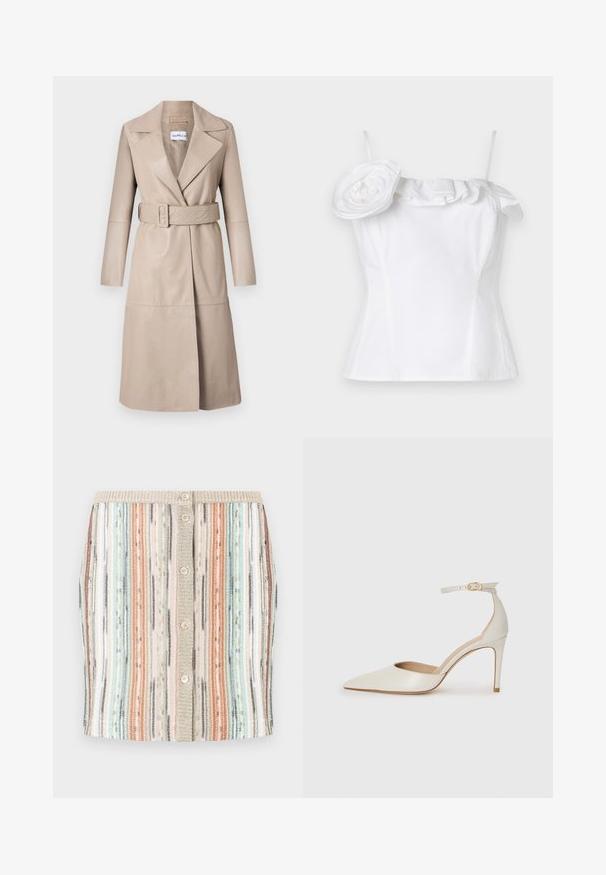Béžový kožený trenčkot s výstrihom do V, dlhými rukávmi, opaskom v páse a strednou dĺžkou. Vyznačuje sa čistým prešívaním a hladkou textúrou.; Biely bezrukávový top s riaseným výstrihom a veľkým dekoratívnym kvetinovým ozdobením na jednej strane; hladká textúra, priliehavý strih.; Prúžkovaná pletená sukňa v pastelových farbách vrátane mätovej zelenej, koralovej a béžovej. Obsahuje predné gombíky a textúrovaný pás.; Biele kožené topánky na vysokom podpätku s špicatou špičkou, remienkom okolo členka a štíhlym stiletto podpätkom. Hladký povrch s jemným lesklým povrchom.