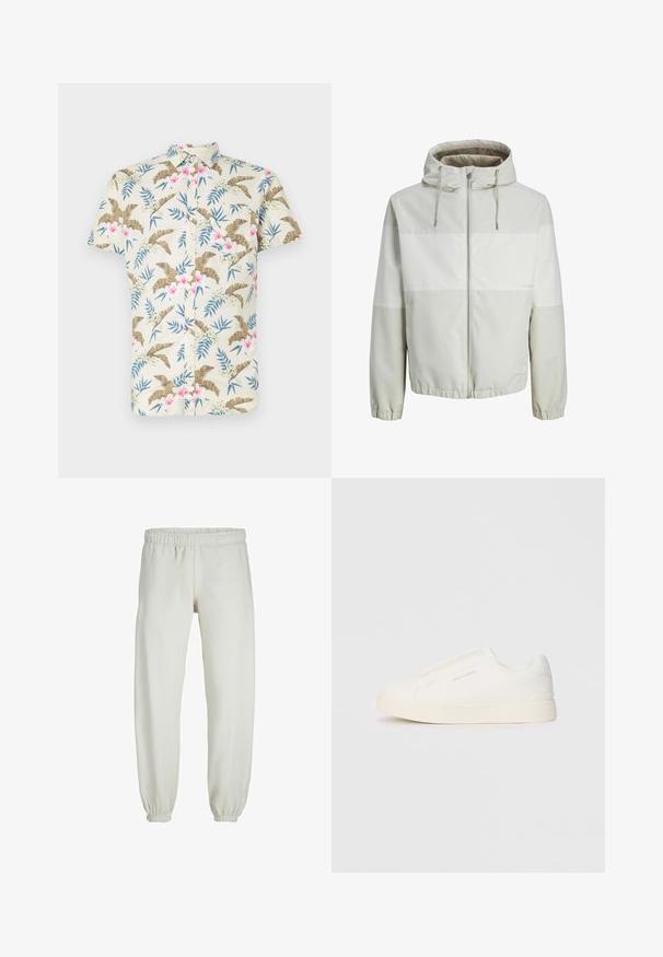Lagani kaput s kapuljačom u svijetlosivoj boji s zatvaračem sprijeda, s horizontalnim prugama i elastičnim manžetama. Glatka, vodoodbojna tkanina.; Pamučna košulja kratkih rukava u svijetlo bež boji, s tropskim cvjetnim uzorkom u ružičastim i plavim tonovima, sa dugmadi sprijeda.; Bijele trenirke napravljene od mekanog materijala, s elastikom u struku i na manžetama, glatke teksture i labavog kroja.; Bijele slip-on tenisice s teksturiranom površinom, debelim đonom i minimalističkim dizajnom. Sadrže logo branda sa strane.