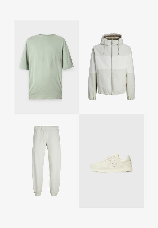 Lättviktsjacka med huva i ljusgrå, med dragkedja fram, som har horisontella ränder och elastiska ärmslut. Slätt, vattenavvisande material.; Ljusgrön kortärmad t-shirt i mjukt tyg. Har rund hals och en avslappnad passform utan synliga mönster eller dekorationer.; Vita sweatpants gjorda av mjukt tyg, med elastisk midja och muddar, samt en slät textur och lös passform.; Krämfärgad sneaker med perforerade detaljer, snören och logotyp på sidan, visad mot en enkel vit bakgrund.