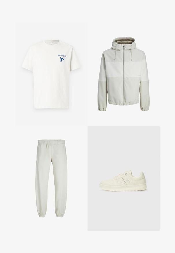 Lagani kaput s kapuljačom u svijetlosivoj boji s zatvaračem sprijeda, s horizontalnim prugama i elastičnim manžetama. Glatka, vodoodbojna tkanina.; Bijela pamučna majica s plavim Wrangler logotipom i grafikom bika na lijevoj strani prsnog područja. Kratki rukavi i okrugli izrez.; Bijele trenirke napravljene od mekanog materijala, s elastikom u struku i na manžetama, glatke teksture i labavog kroja.; Kremasto bijele tenisice s perforiranim detaljima, vezicama i logotipom s bočne strane, prikazane na jednostavnoj bijeloj pozadini.