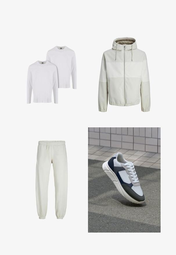 Gaišas pelēks viegls kapuci jaka ar rāvējslēdzēju priekšpusē, ar horizontālām svītrām un elastīgiem aprocēm. Gluda, ūdensizturīga auduma.; Divi garajiem piedurknēm baltie T-krekli, izgatavoti no kokvilnas. Ar apaļu kakla izgriezumu un ribotām aprocēm. Vienkāršs dizains, bez rakstiem vai akcentiem.; Baltas treniņbikses, izgatavotas no mīkstas auduma, ar elastīgu jostu un piedurknēm, gluda tekstūra un brīva piegriezuma dizains.; Balti, tumši zili un pelēki sporta apavi ar jauktu materiālu dizainu, kuram ir teksturēts augšdaļa, plakani šņores un mīkstināta zole.