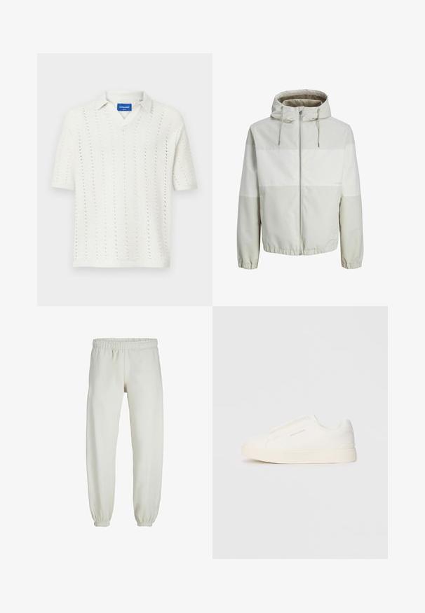 Lichte hooded jack in lichtgrijs met een rits aan de voorkant, voorzien van horizontale strepen en elastische manchetten. Glad, waterafstotend materiaal.; Witte gebreide poloshirt met korte mouwen en een V-hals, met verticale patronen en een geribde zoom. Etiket zichtbaar bij de kraag.; Witte sweatpants gemaakt van zachte stof, met een elastische tailleband en boorden, een gladde textuur en een losvallend ontwerp.; Witte instap sneakers met een gestructureerd oppervlak, een dikke zool en een minimalistisch ontwerp. Bevat het merklogo aan de zijkant.